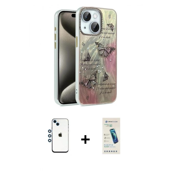 MARSİLYAN™- iPhone 14 Kılıf Zirve Modern Prime - Şeffaf Pasifik Cam Ekran Koruyucu + Shine Kamera Lens - MI