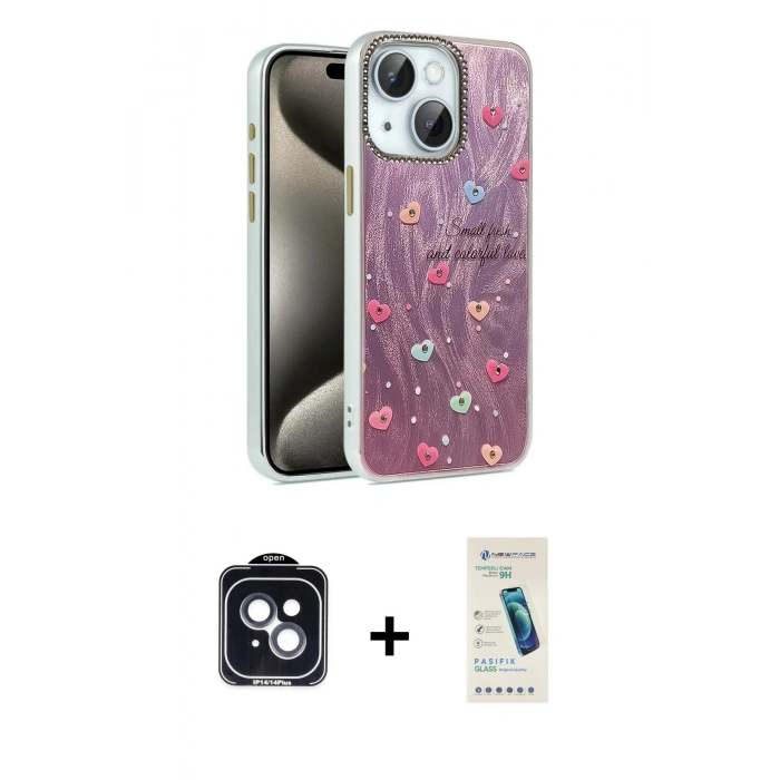 MARSİLYAN™- iPhone 14 Kılıf Zirve Modern Prime - Şeffaf Pasifik Cam Ekran Koruyucu + PVD Metal Kamera Lens - SH