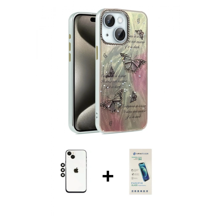 MARSİLYAN™- iPhone 14 Kılıf Zirve Modern Prime - Şeffaf Pasifik Cam Ekran Koruyucu + Shine Kamera Lens - SH