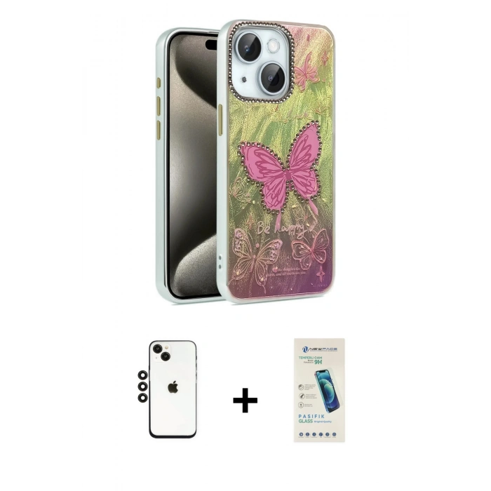 MARSİLYAN™- iPhone 14 Kılıf Zirve Modern Prime - Şeffaf Pasifik Cam Ekran Koruyucu + Shine Kamera Lens - SH