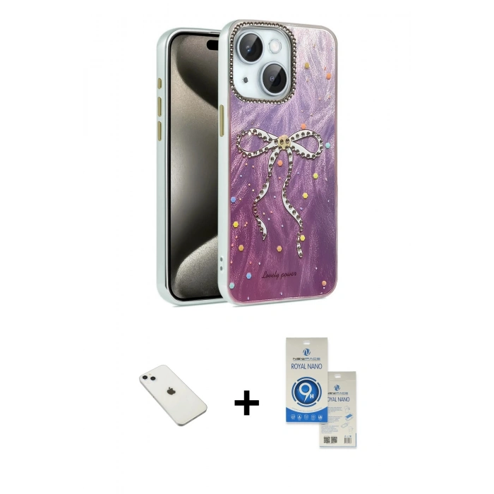MARSİLYAN™- iPhone 14 Kılıf Zirve Modern Prime - Şeffaf Royal Nano Ekran Koruyucu + Diamond Kamera Lens - SABE