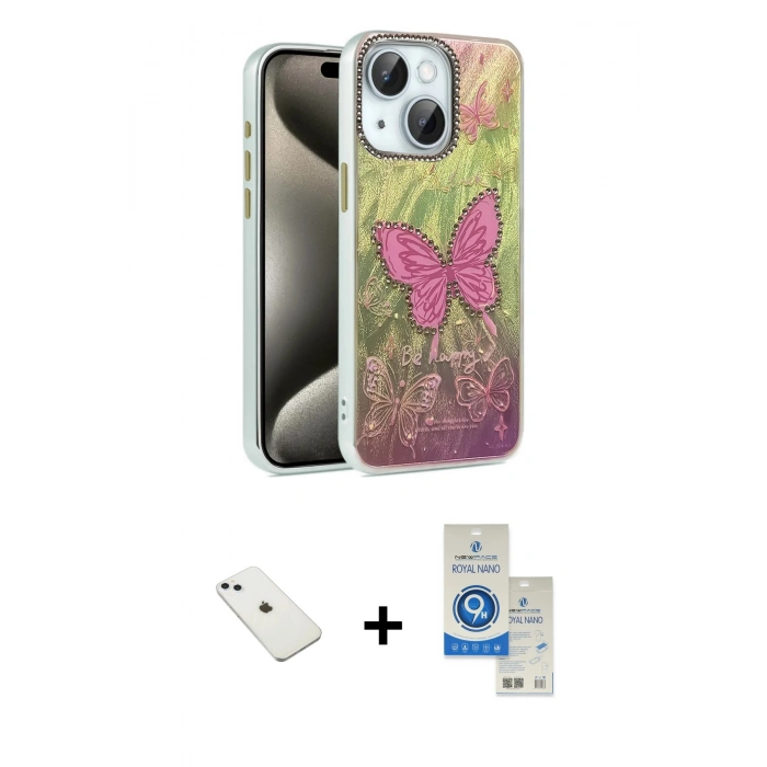 MARSİLYAN™- iPhone 14 Kılıf Zirve Modern Prime - Şeffaf Royal Nano Ekran Koruyucu + Diamond Kamera Lens - SABE