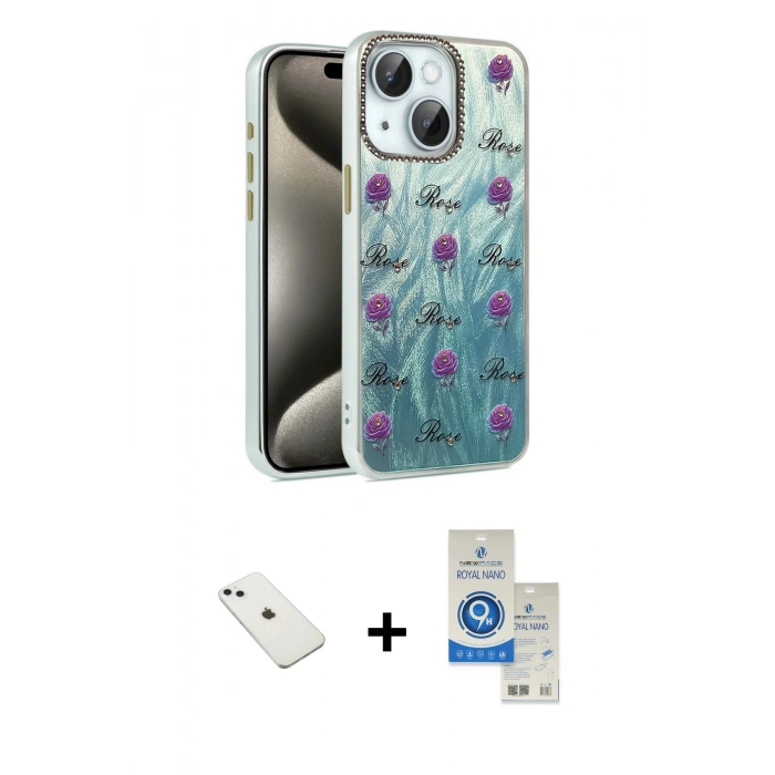 MARSİLYAN™- iPhone 14 Kılıf Zirve Modern Prime - Şeffaf Royal Nano Ekran Koruyucu + Diamond Kamera Lens - SABE