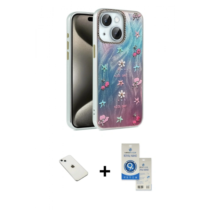 MARSİLYAN™- iPhone 14 Kılıf Zirve Modern Prime - Şeffaf Royal Nano Ekran Koruyucu + Diamond Kamera Lens - SABE