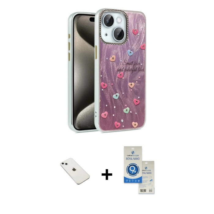 MARSİLYAN™- iPhone 14 Kılıf Zirve Modern Prime - Şeffaf Royal Nano Ekran Koruyucu + Diamond Kamera Lens - SABE
