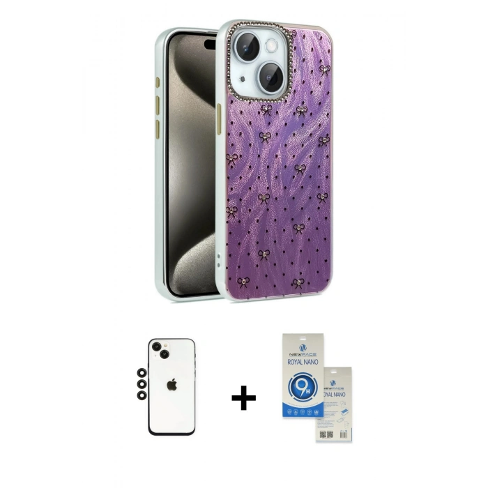 MARSİLYAN™- iPhone 14 Kılıf Zirve Modern Prime - Şeffaf Royal Nano Ekran Koruyucu + Shine Kamera Lens - SH