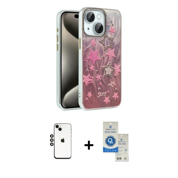 MARSİLYAN™- iPhone 14 Kılıf Zirve Modern Prime - Şeffaf Royal Nano Ekran Koruyucu + Shine Kamera Lens - SH