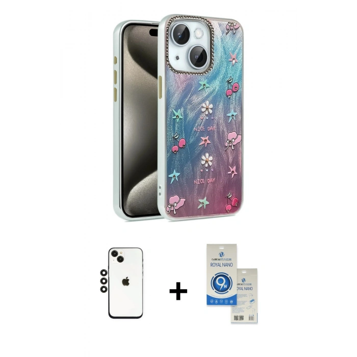 MARSİLYAN™- iPhone 14 Kılıf Zirve Modern Prime - Şeffaf Royal Nano Ekran Koruyucu + Shine Kamera Lens - SH