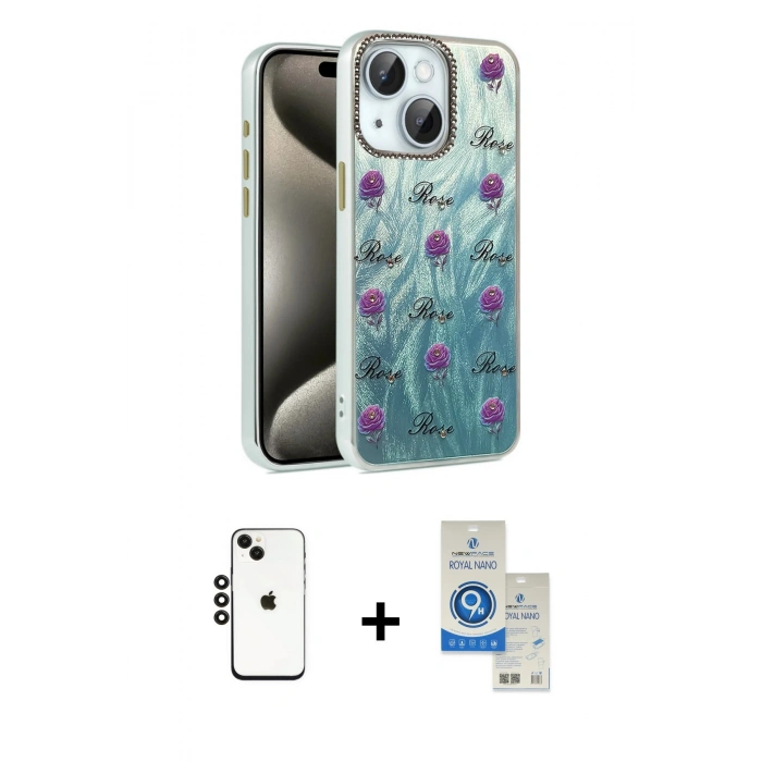 MARSİLYAN™- iPhone 14 Kılıf Zirve Modern Prime - Şeffaf Royal Nano Ekran Koruyucu + Shine Kamera Lens - SH