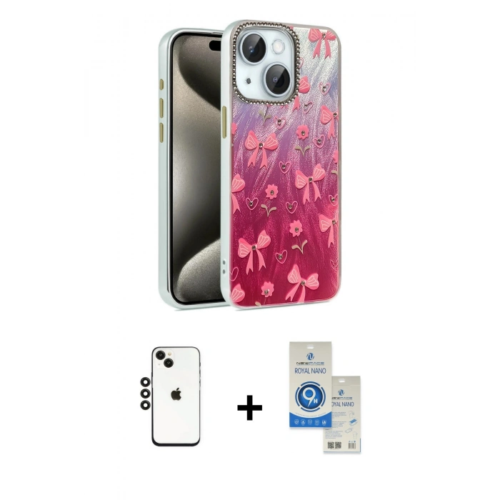 MARSİLYAN™- iPhone 14 Kılıf Zirve Modern Prime - Şeffaf Royal Nano Ekran Koruyucu + Shine Kamera Lens - SH