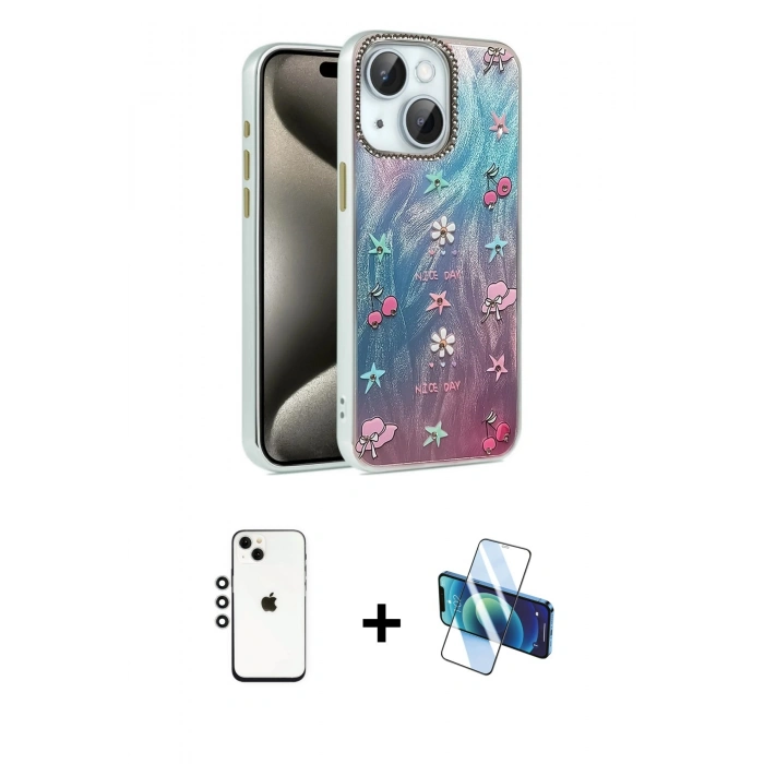 MARSİLYAN™- iPhone 14 Kılıf Zirve Modern Prime - Siyah 3D Antistatik Cam Ekran Koruyucu + Shine Kamera Lens - GS