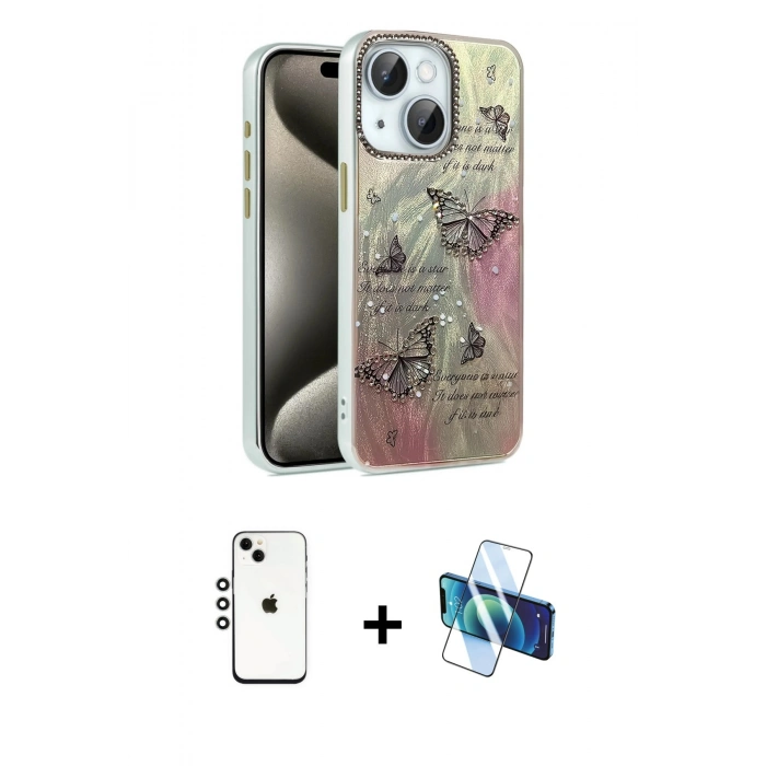 MARSİLYAN™- iPhone 14 Kılıf Zirve Modern Prime - Siyah 3D Antistatik Cam Ekran Koruyucu + Shine Kamera Lens - GS