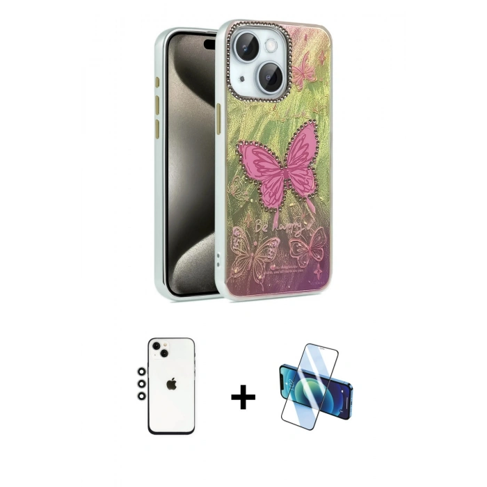 MARSİLYAN™- iPhone 14 Kılıf Zirve Modern Prime - Siyah 3D Antistatik Cam Ekran Koruyucu + Shine Kamera Lens - GS