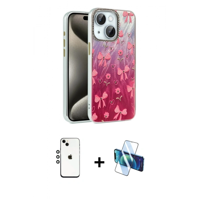 MARSİLYAN™- iPhone 14 Kılıf Zirve Modern Prime - Siyah 3D Antistatik Cam Ekran Koruyucu + Shine Kamera Lens - GS
