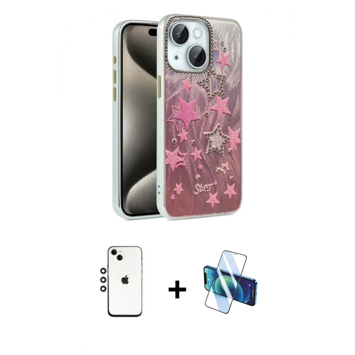 MARSİLYAN™- iPhone 14 Kılıf Zirve Modern Prime - Siyah 3D Antistatik Cam Ekran Koruyucu + Shine Kamera Lens - GS