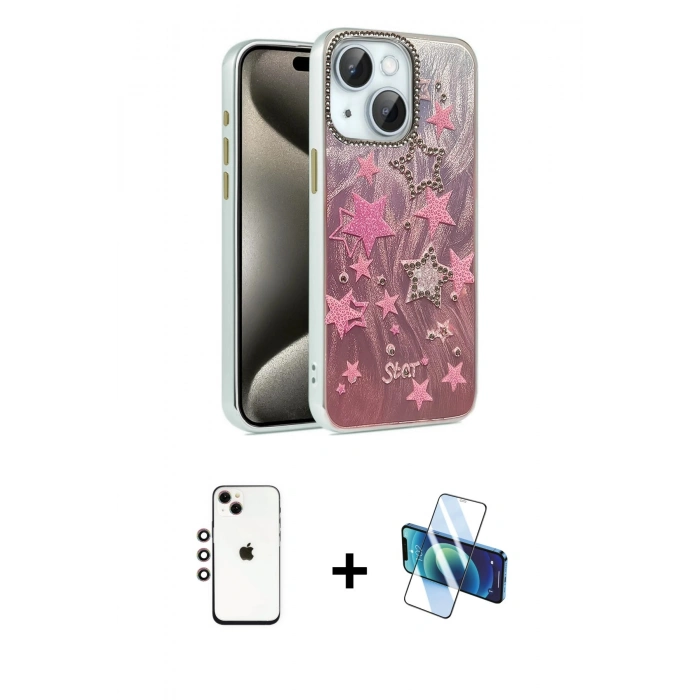 MARSİLYAN™- iPhone 14 Kılıf Zirve Modern Prime - Siyah 3D Antistatik Cam Ekran Koruyucu + Shine Kamera Lens - GI