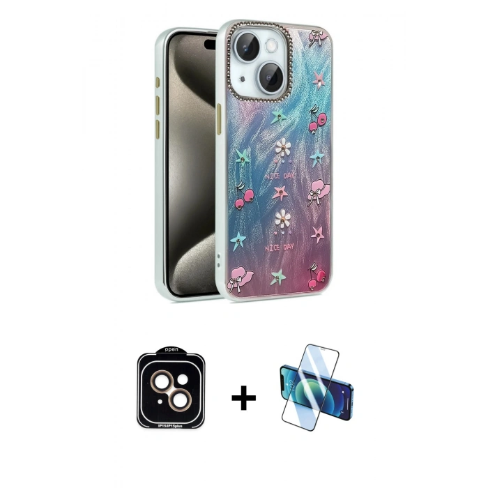 MARSİLYAN™- iPhone 14 Kılıf Zirve Modern Prime - Siyah 3D Antistatik Cam Ekran Koruyucu + PVD Metal Kamera Lens - TU