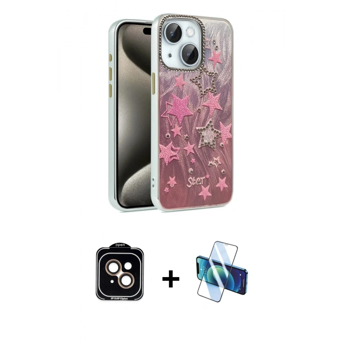 MARSİLYAN™- iPhone 14 Kılıf Zirve Modern Prime - Siyah 3D Antistatik Cam Ekran Koruyucu + PVD Metal Kamera Lens - TU