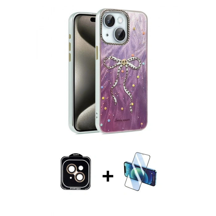 MARSİLYAN™- iPhone 14 Kılıf Zirve Modern Prime - Siyah 3D Antistatik Cam Ekran Koruyucu + PVD Metal Kamera Lens - TU