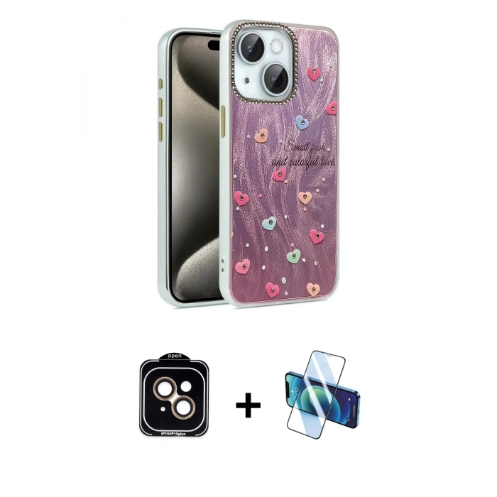 MARSİLYAN™- iPhone 14 Kılıf Zirve Modern Prime - Siyah 3D Antistatik Cam Ekran Koruyucu + PVD Metal Kamera Lens - TU