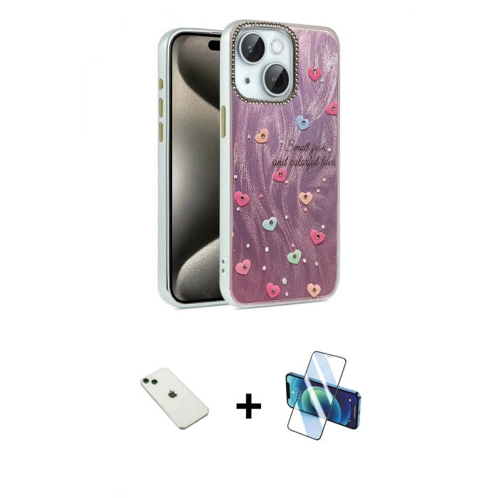 MARSİLYAN™- iPhone 14 Kılıf Zirve Modern Prime - Siyah 3D Antistatik Cam Ekran Koruyucu + Diamond Kamera Lens - YL
