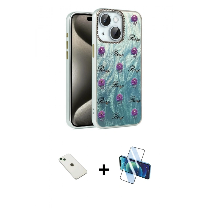 MARSİLYAN™- iPhone 14 Kılıf Zirve Modern Prime - Siyah 3D Antistatik Cam Ekran Koruyucu + Diamond Kamera Lens - YL