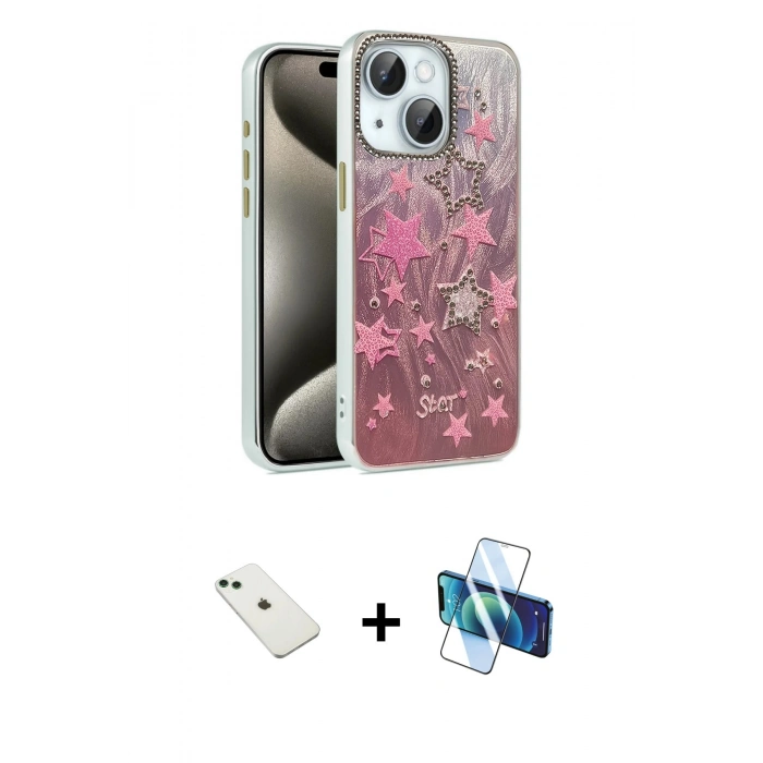 MARSİLYAN™- iPhone 14 Kılıf Zirve Modern Prime - Siyah 3D Antistatik Cam Ekran Koruyucu + Diamond Kamera Lens - YL
