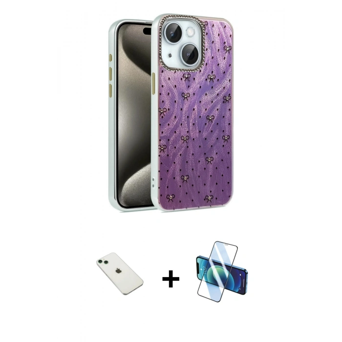 MARSİLYAN™- iPhone 14 Kılıf Zirve Modern Prime - Siyah 3D Antistatik Cam Ekran Koruyucu + Diamond Kamera Lens - YL