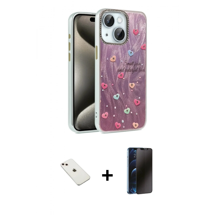 MARSİLYAN™- iPhone 14 Kılıf Zirve Modern Prime - Siyah 3D Antistatik Hayalet Cam Ekran Koruyucu + Diamond Kamera Lens - PE