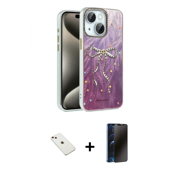 MARSİLYAN™- iPhone 14 Kılıf Zirve Modern Prime - Siyah 3D Antistatik Hayalet Cam Ekran Koruyucu + Diamond Kamera Lens - PE
