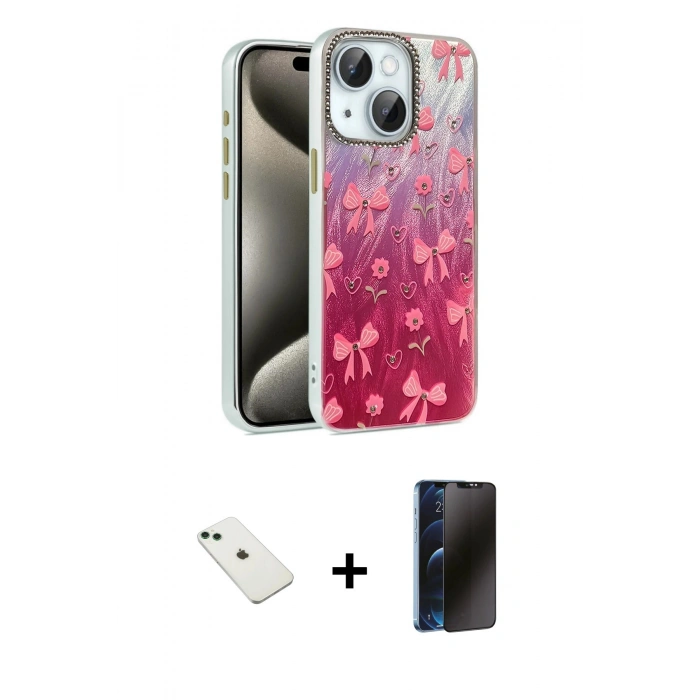 MARSİLYAN™- iPhone 14 Kılıf Zirve Modern Prime - Siyah 3D Antistatik Hayalet Cam Ekran Koruyucu + Diamond Kamera Lens - YL