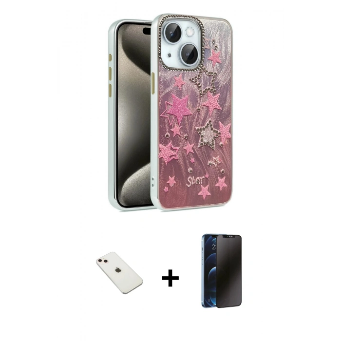 MARSİLYAN™- iPhone 14 Kılıf Zirve Modern Prime - Siyah 3D Antistatik Hayalet Cam Ekran Koruyucu + Diamond Kamera Lens - PE