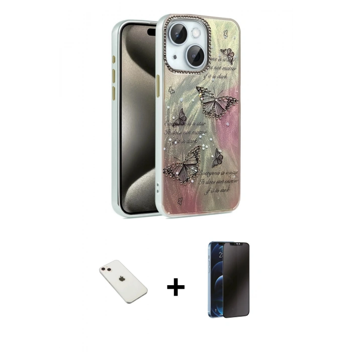 MARSİLYAN™- iPhone 14 Kılıf Zirve Modern Prime - Siyah 3D Antistatik Hayalet Cam Ekran Koruyucu + Diamond Kamera Lens - PE