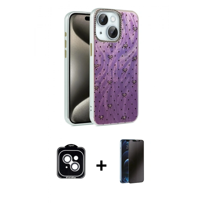 MARSİLYAN™- iPhone 14 Kılıf Zirve Modern Prime - Siyah 3D Antistatik Hayalet Cam Ekran Koruyucu + PVD Metal Kamera Lens - GS
