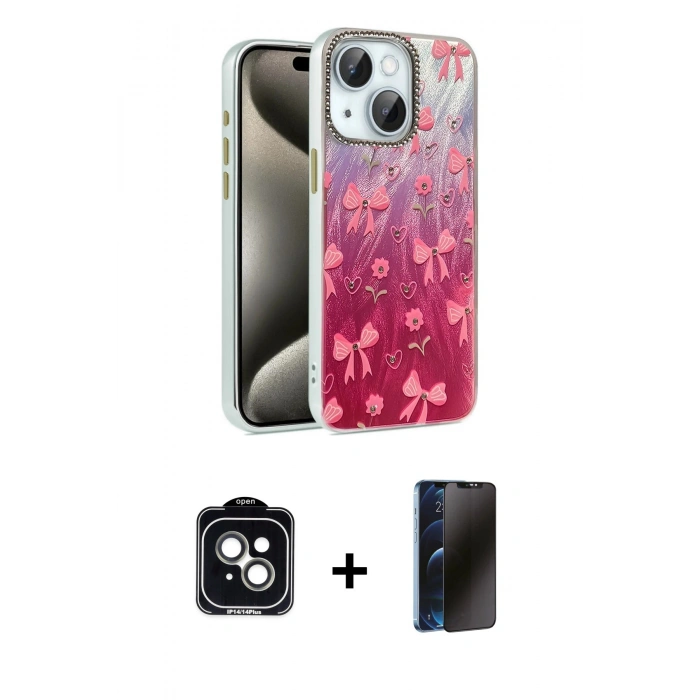 MARSİLYAN™- iPhone 14 Kılıf Zirve Modern Prime - Siyah 3D Antistatik Hayalet Cam Ekran Koruyucu + PVD Metal Kamera Lens - YL