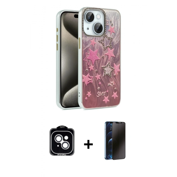 MARSİLYAN™- iPhone 14 Kılıf Zirve Modern Prime - Siyah 3D Antistatik Hayalet Cam Ekran Koruyucu + PVD Metal Kamera Lens - GS