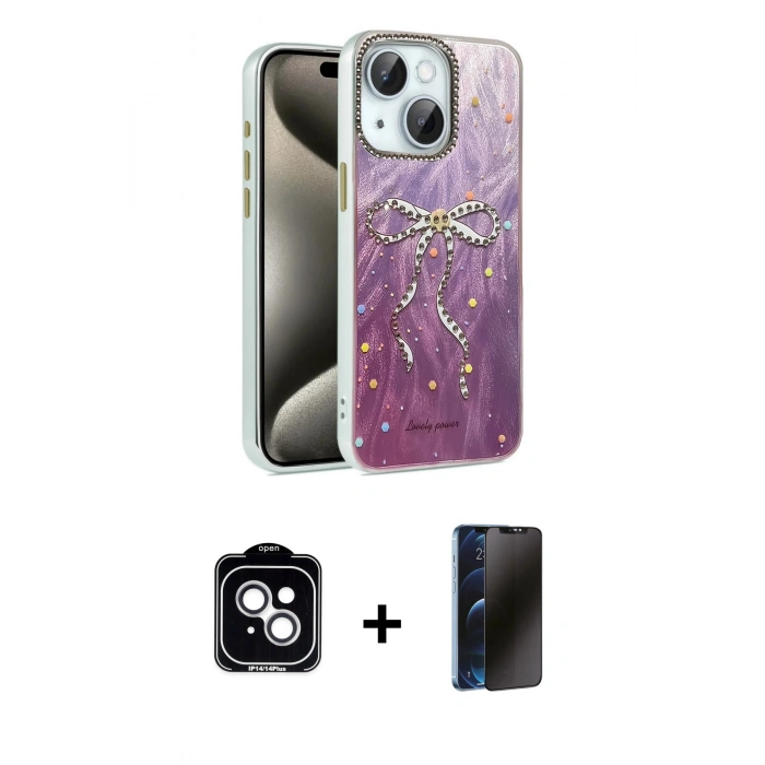MARSİLYAN™- iPhone 14 Kılıf Zirve Modern Prime - Siyah 3D Antistatik Hayalet Cam Ekran Koruyucu + PVD Metal Kamera Lens - GS
