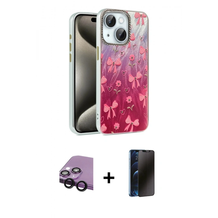MARSİLYAN™- iPhone 14 Kılıf Zirve Modern Prime - Siyah 3D Antistatik Hayalet Cam Ekran Koruyucu + Raze Metal Kamera Lens - SH