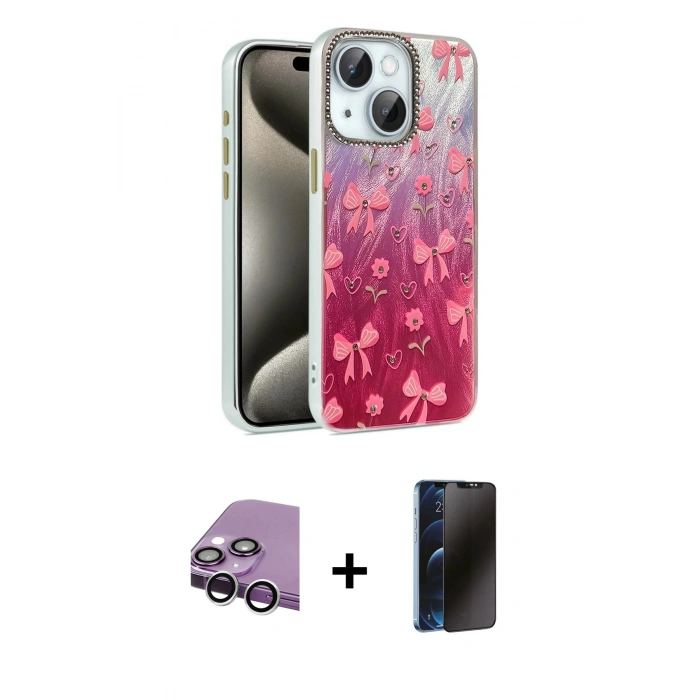 MARSİLYAN™- iPhone 14 Kılıf Zirve Modern Prime - Siyah 3D Antistatik Hayalet Cam Ekran Koruyucu + Raze Metal Kamera Lens - GS