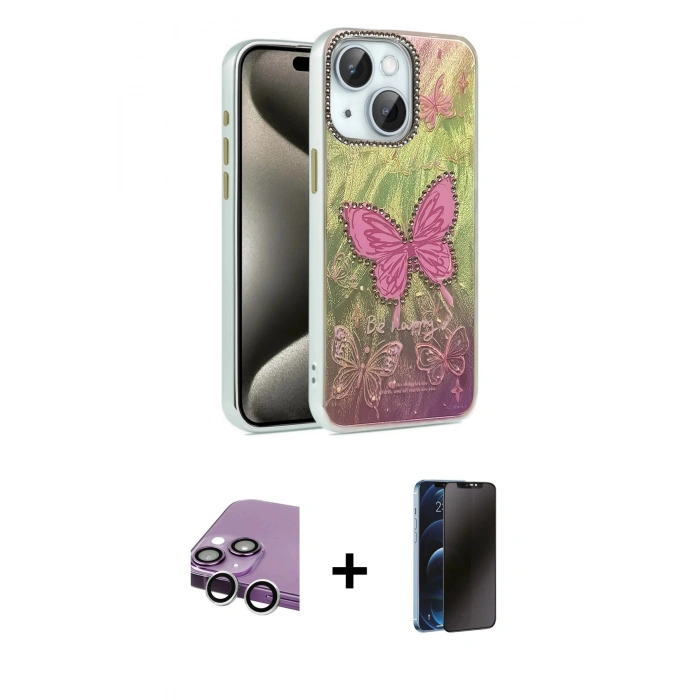 MARSİLYAN™- iPhone 14 Kılıf Zirve Modern Prime - Siyah 3D Antistatik Hayalet Cam Ekran Koruyucu + Raze Metal Kamera Lens - GS