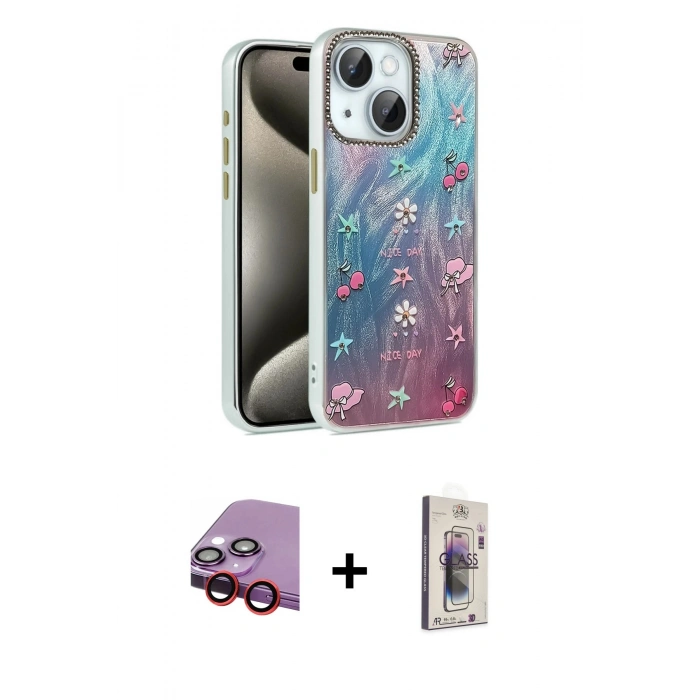 MARSİLYAN™- iPhone 14 Kılıf Zirve Modern Prime - Siyah Bilvis 3D Cam Ekran Koruyucu + Raze Metal Kamera Lens - KI