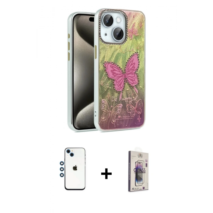 MARSİLYAN™- iPhone 14 Kılıf Zirve Modern Prime - Siyah Bilvis 3D Cam Ekran Koruyucu + Shine Kamera Lens - MI