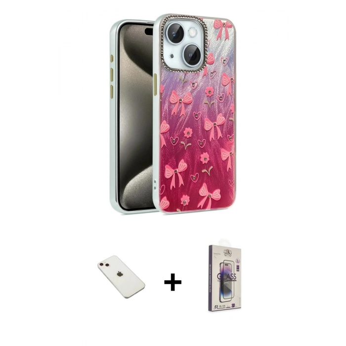 MARSİLYAN™- iPhone 14 Kılıf Zirve Modern Prime - Siyah Bilvis 3D Cam Ekran Koruyucu + Diamond Kamera Lens - PE