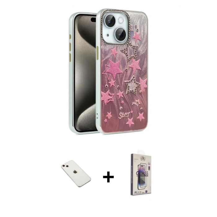 MARSİLYAN™- iPhone 14 Kılıf Zirve Modern Prime - Siyah Bilvis 3D Cam Ekran Koruyucu + Diamond Kamera Lens - PE
