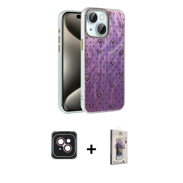 MARSİLYAN™- iPhone 14 Kılıf Zirve Modern Prime - Siyah Bilvis 3D Cam Ekran Koruyucu + PVD Metal Kamera Lens - PE
