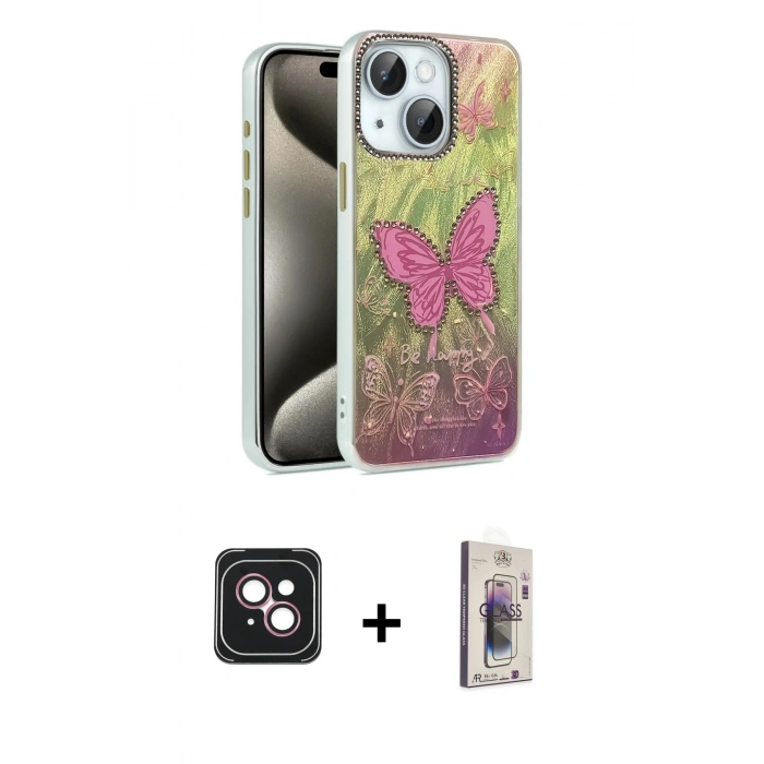 MARSİLYAN™- iPhone 14 Kılıf Zirve Modern Prime - Siyah Bilvis 3D Cam Ekran Koruyucu + PVD Metal Kamera Lens - PE