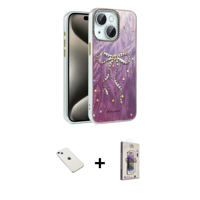 MARSİLYAN™- iPhone 14 Kılıf Zirve Modern Prime - Siyah Bilvis 3D Cam Ekran Koruyucu + Diamond Kamera Lens - SABE