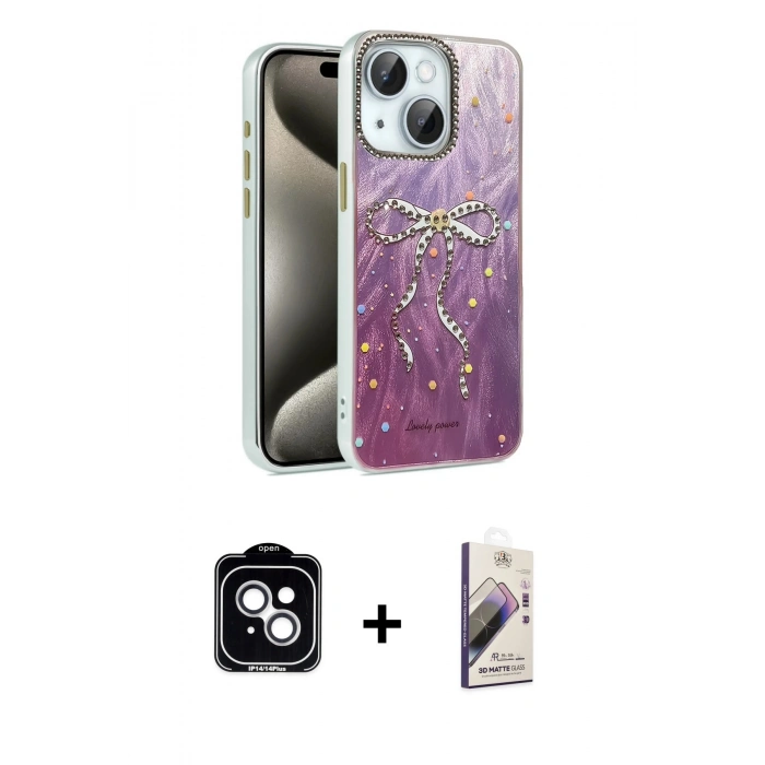 MARSİLYAN™- iPhone 14 Kılıf Zirve Modern Prime - Siyah Bilvis 3D Mat Cam Ekran Koruyucu + PVD Metal Kamera Lens - GS