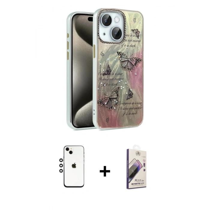 MARSİLYAN™- iPhone 14 Kılıf Zirve Modern Prime - Siyah Bilvis 3D Mat Cam Ekran Koruyucu + Shine Kamera Lens - GS