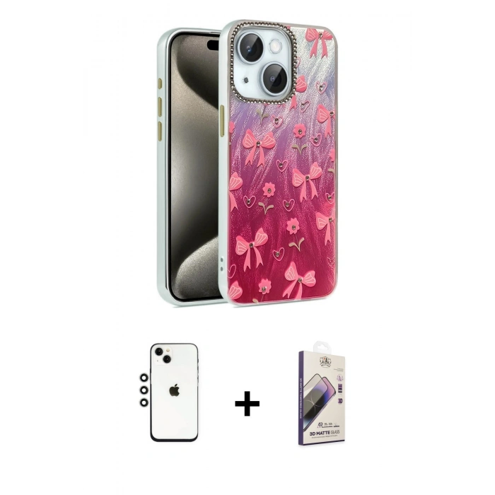 MARSİLYAN™- iPhone 14 Kılıf Zirve Modern Prime - Siyah Bilvis 3D Mat Cam Ekran Koruyucu + Shine Kamera Lens - GS